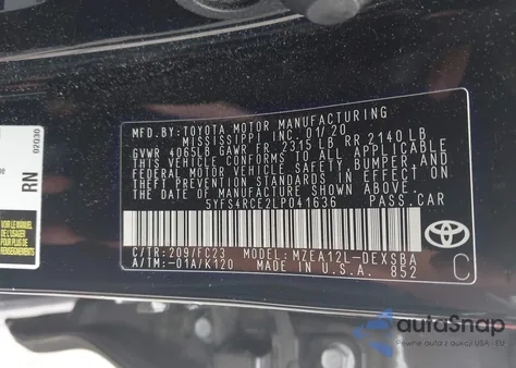 2020 Toyota Corolla Se from USA, damaged, VIN 5YFS4RCE2LP041636